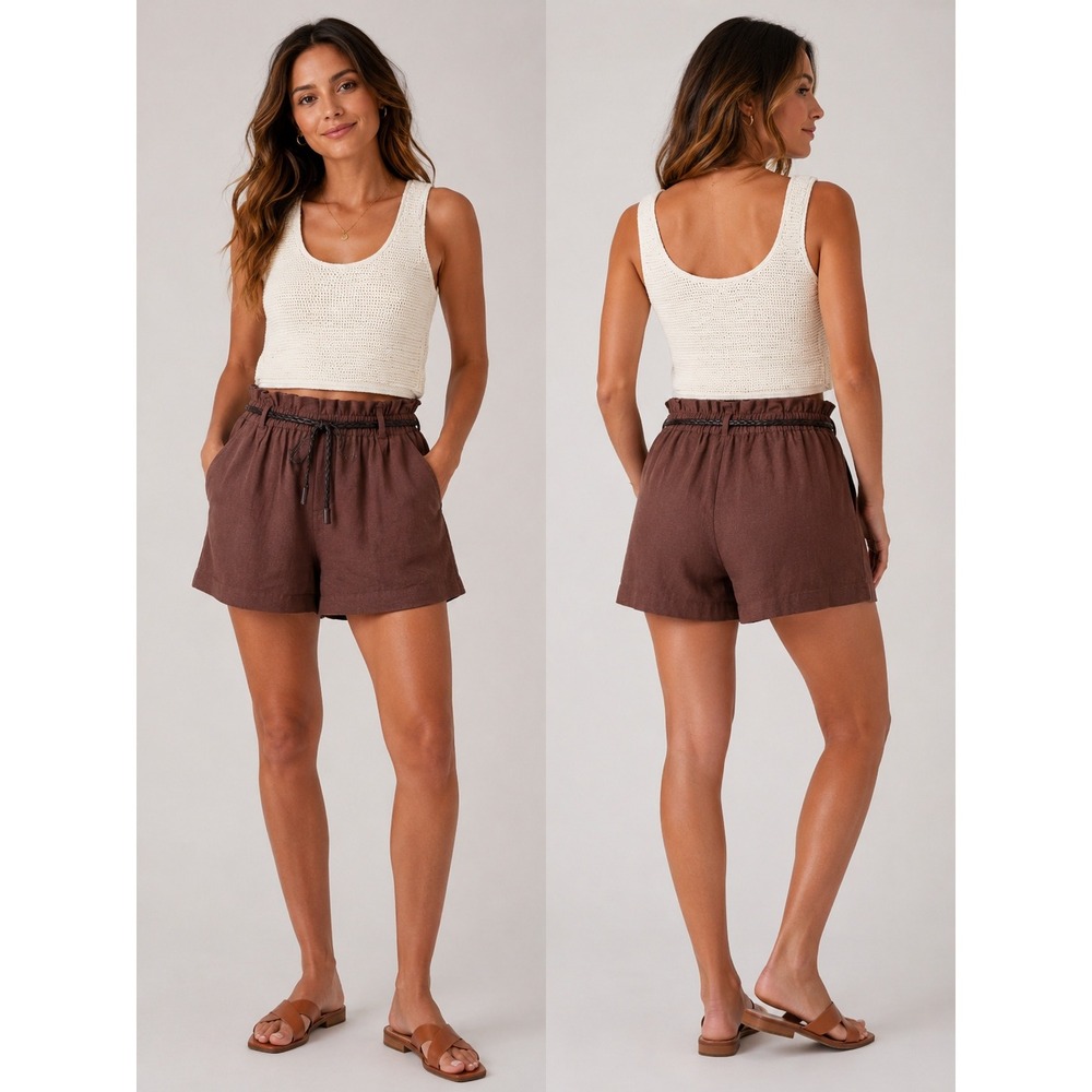 House of Harlow 1960 Shorts Set Womens XS‎ Cream Brown Knit Tank Linen Paperbag